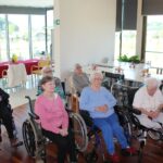 Več starejših žensk, ki sedijo na stolih in invalidskih vozičkih.