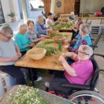 Več starejših ljudi sedi za mizo in pripravlja zelišča.