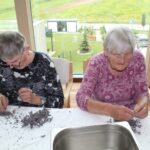 Dve starejši ženski sedita za mizo in pripravljata zelišča.