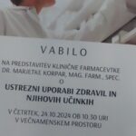 Vabilo na dogodek, ki vabi udeležence na predstavitev klinične farmacevtke Dr. Marjetke Korpar. Na vabilu je napisano, da bo dogodek potekal 24. oktobra 2024 ob 10:30 v večnamenskem prostoru