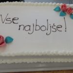 Velika pravokotna torta z belim prelivom in napisom "Vse najboljše!". Na torti sta dve rdeči sladkorni vrtnici s svetlo modrimi listi. Torta je pripravljena za praznovanje.