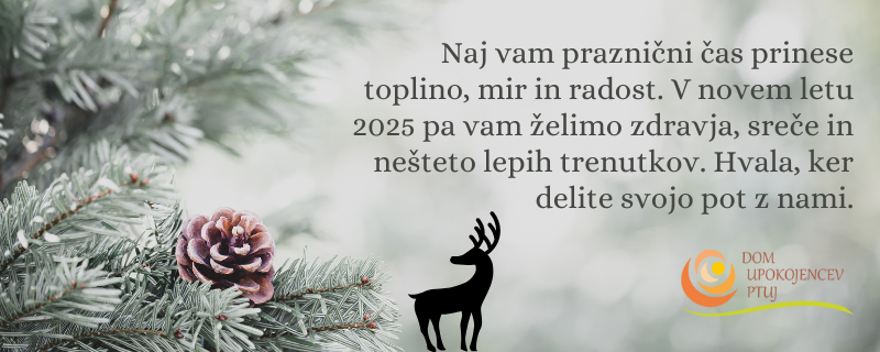 Voščilnica z zimsko smrekovo vejo in storžem na levi strani. Na desni strani je voščilo: "Naj vam praznični čas prinese toplino, mir in radost. V novem letu 2025 pa vam želimo zdravja, sreče in nešteto lepih trenutkov. Hvala, ker delite svojo pot z nami." Pod besedilom je črna silhueta jelena in logotip Doma upokojencev Ptuj. Ozadje je mehko zamegljeno in svetlo zeleno.